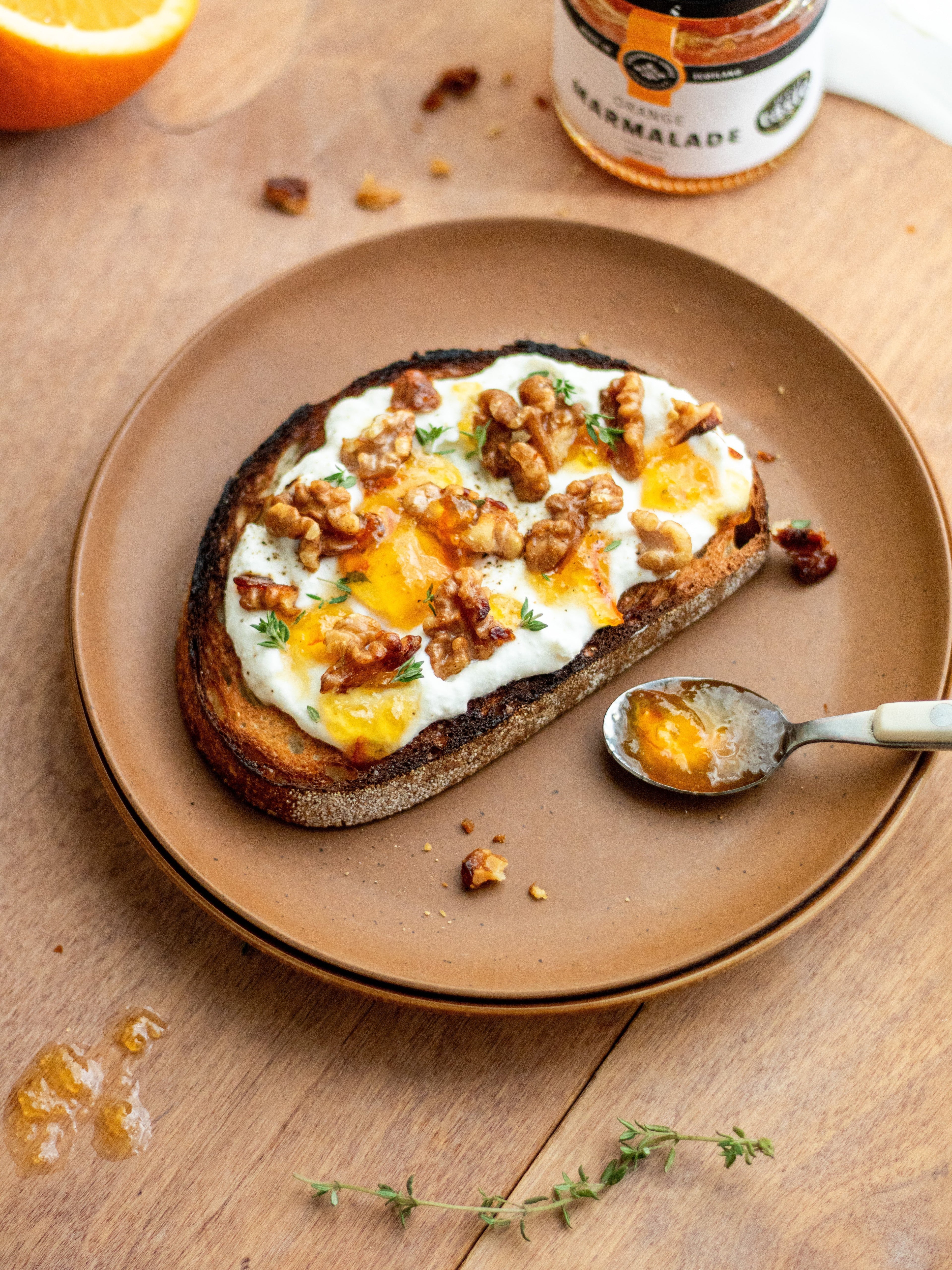 Whipped Ricotta Toast with Fine Cut Marmalade, Honey, Walnuts & Thyme